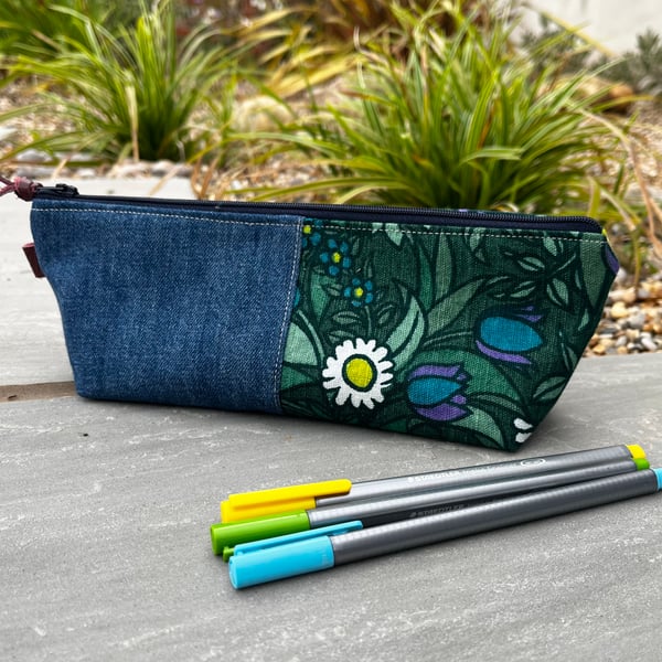 Vintage Floral pencil case pouch with denim and striped lining