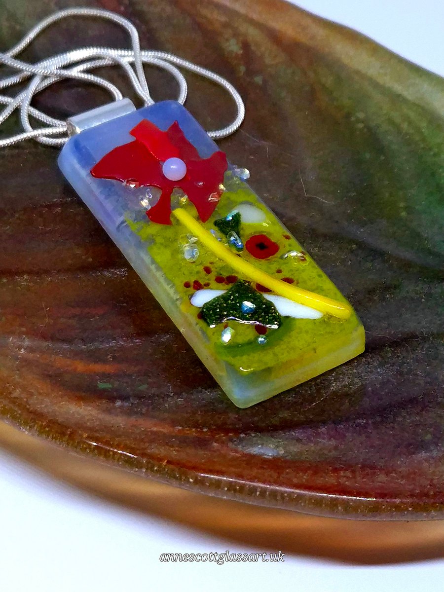 Handmade Fused Opaline Glass Pendant Necklace Poppy-field Red Poppy