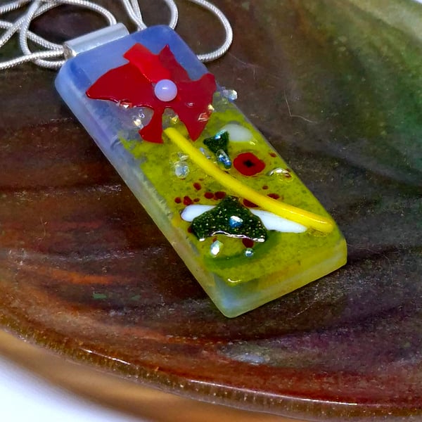 Handmade Fused Opaline Glass Pendant Necklace Poppy-field Red Poppy