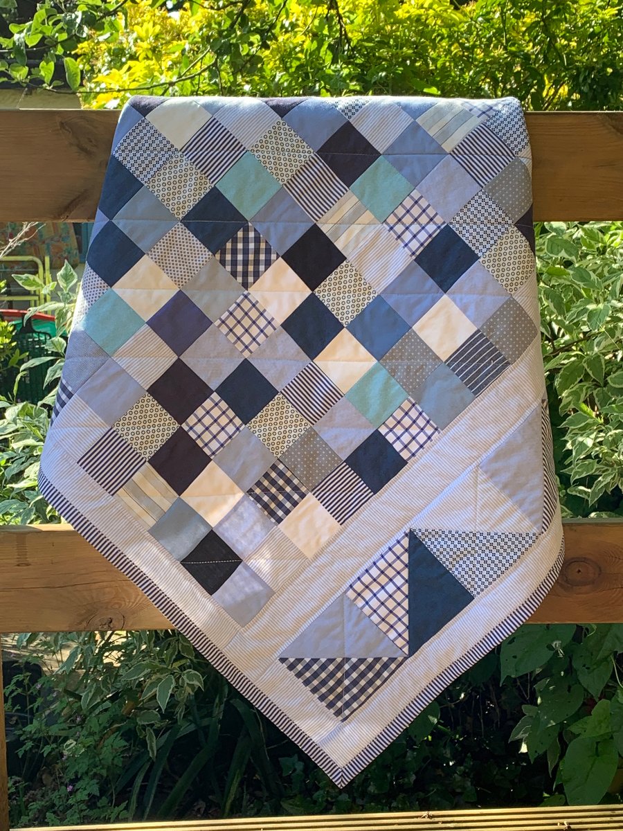 Blue and white patchwork baby quilt 