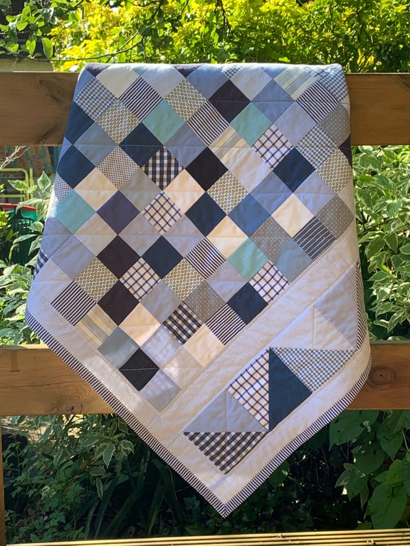 Blue and white patchwork baby quilt 
