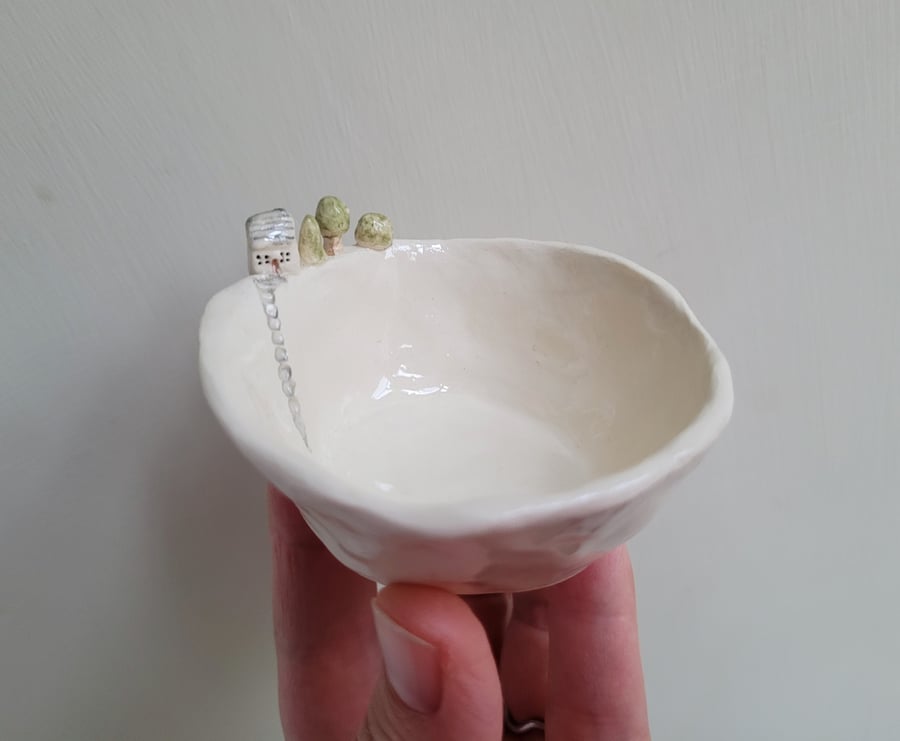 Ceramic tealight wth tiny house and trees, Christmas candle holder gift 