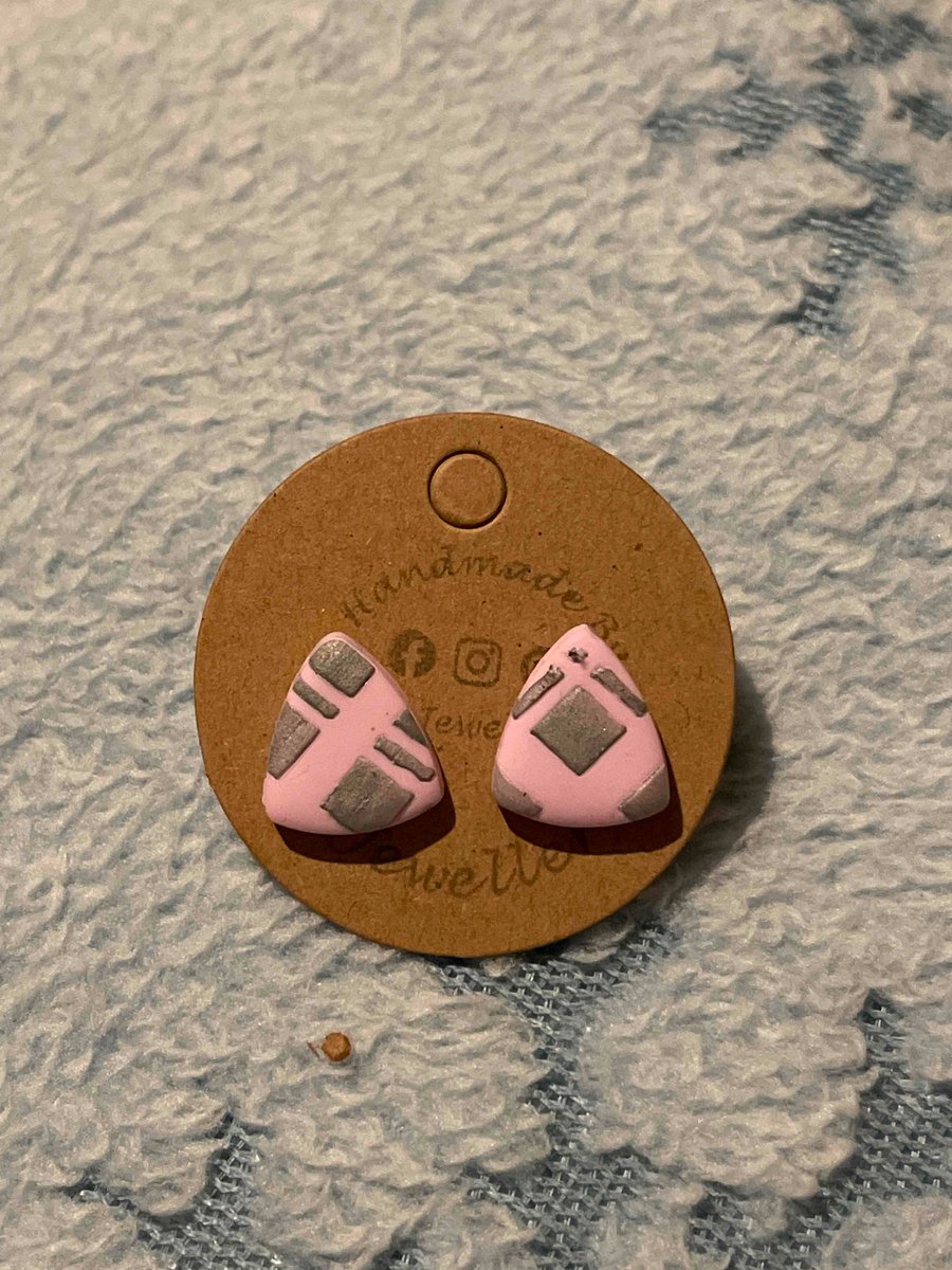 Handmade Polymer Clay Pink Checkered Stud Earrings 