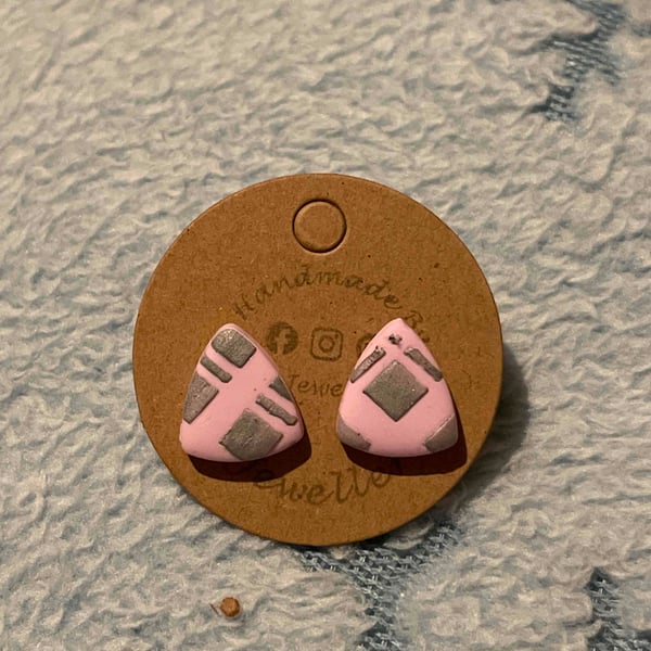 Handmade Polymer Clay Pink Checkered Stud Earrings 