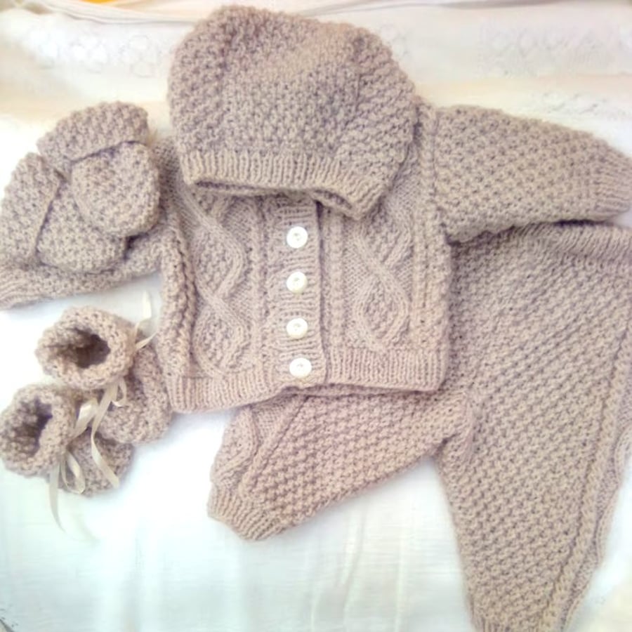Hooded Jacket and Trouser Suit, Aran Baby Suit, Baby Shower Gift