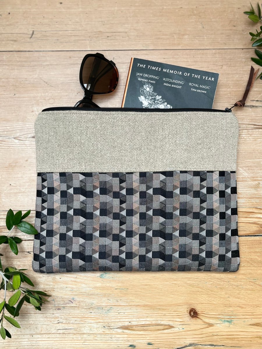 large linen and geometric pattern zip pouch Folksy