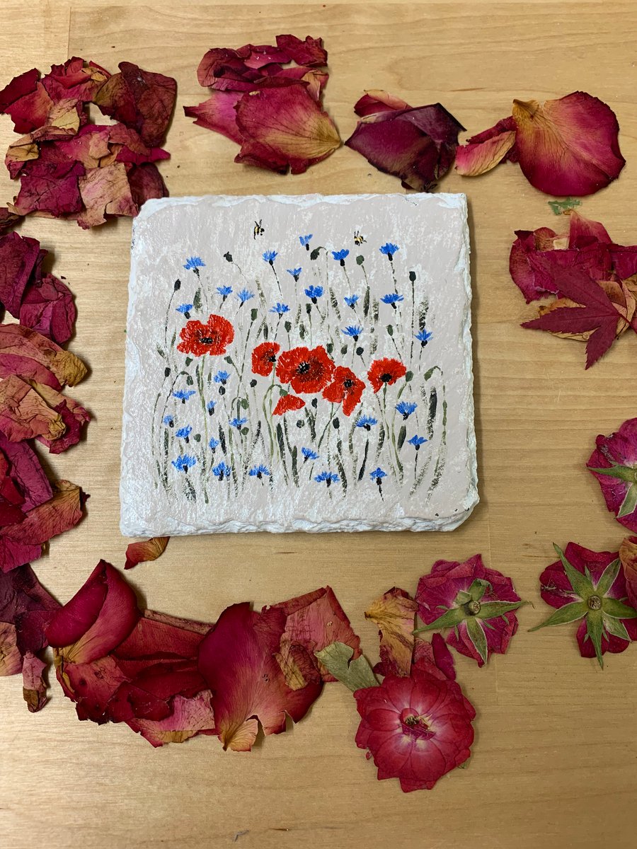 Poppies and cornflower slate coaster 