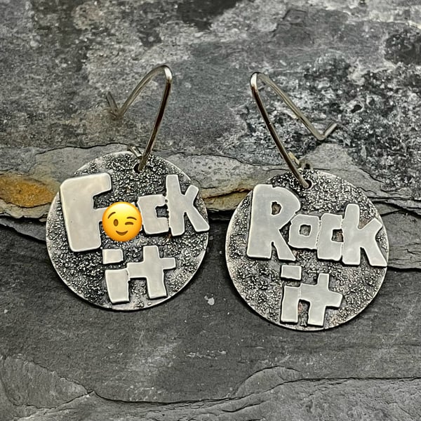 Short “F-ck it Rock it” handmade, recycled Sterling Silver Earrings 