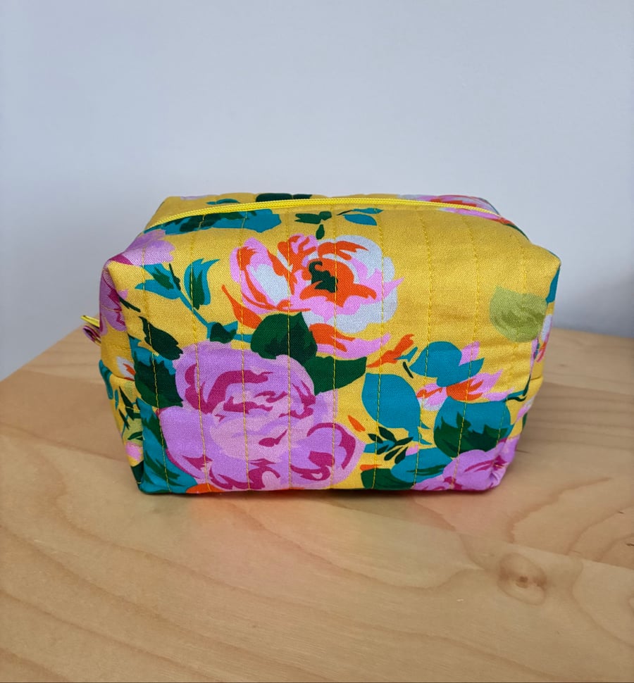 Bright Roses Print Fabric Quilted Box Shape Makeup Bag