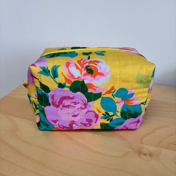 Bright Roses Print Fabric Quilted Box Shape Makeup Bag