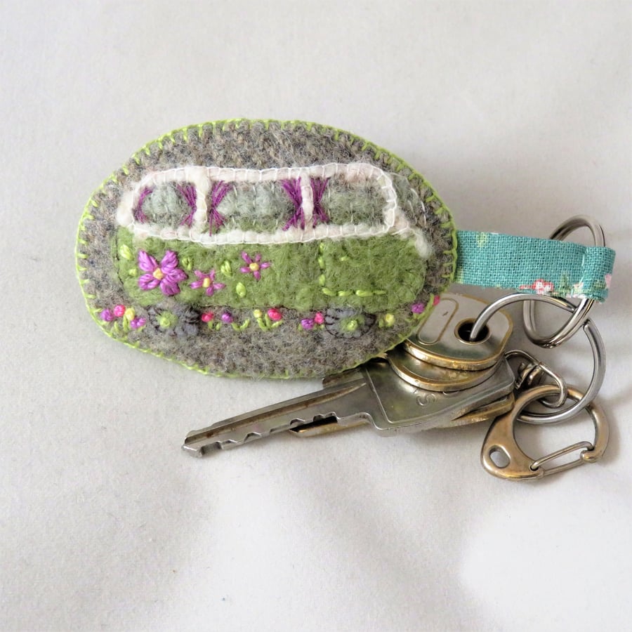 Keyring - Campervan embroidered and felted 