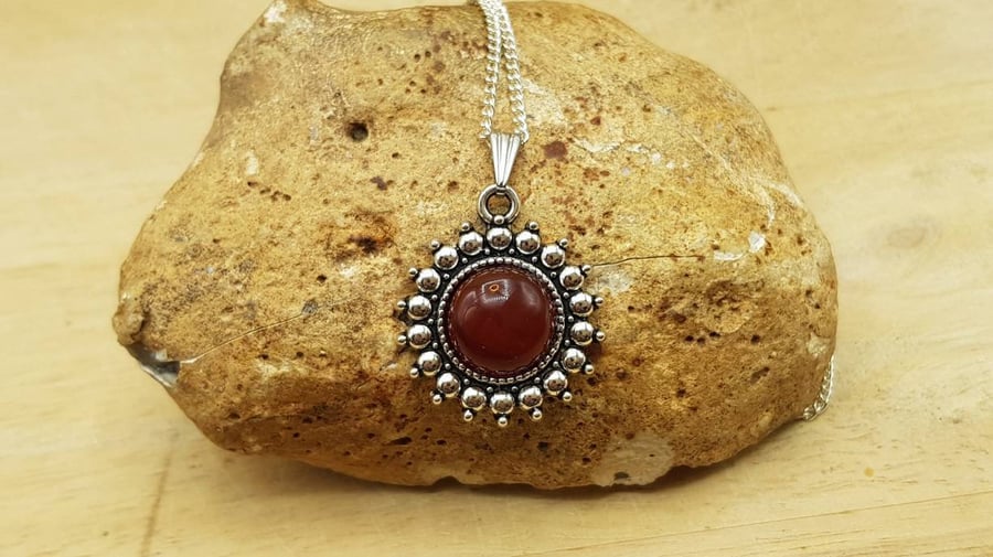 Round Boho Red Carnelian pendant necklace. July birthstone. 17th anniversary