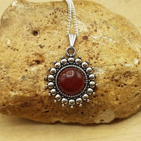 Round Boho Red Carnelian pendant necklace. July birthstone. 17th anniversary