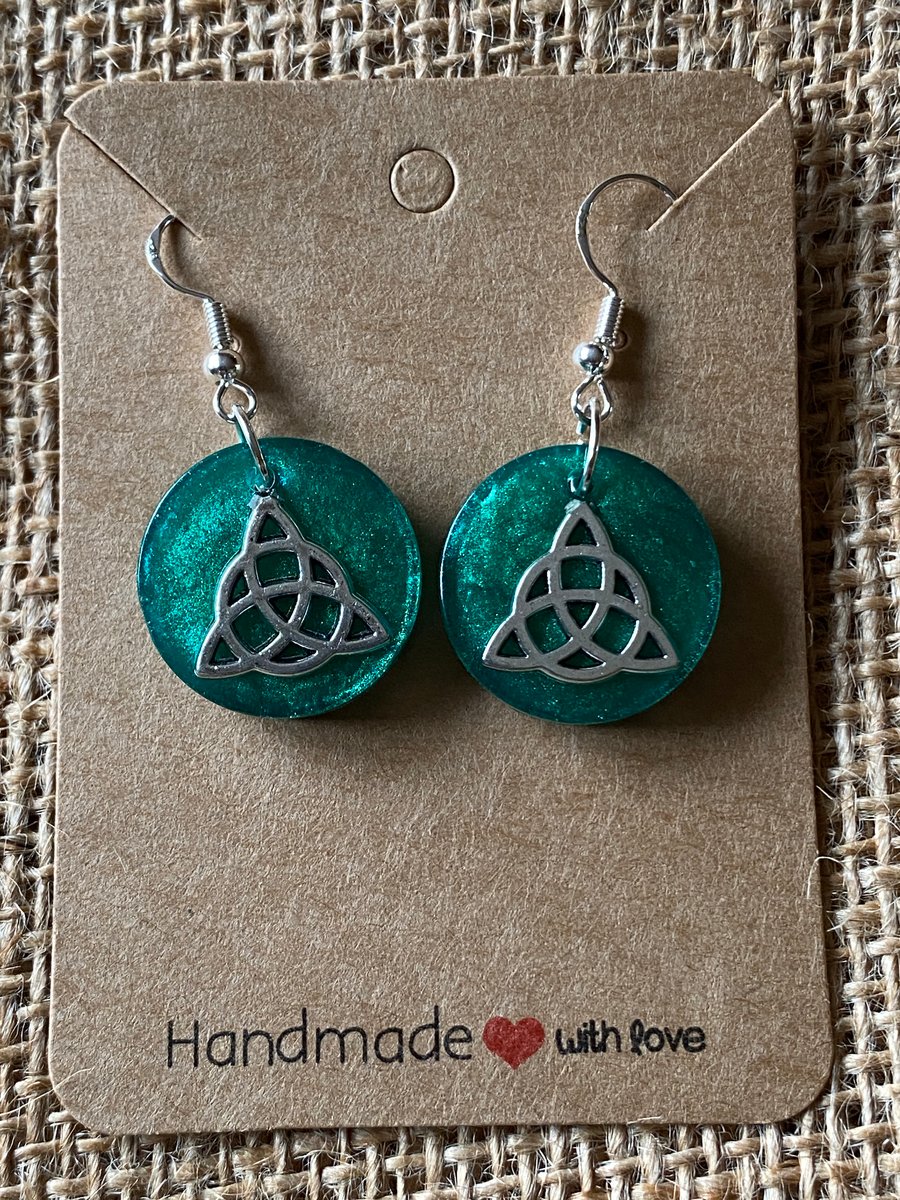 Handmade Pair Of Celtic Knot Drop Earrings In Silver and Emerald Green