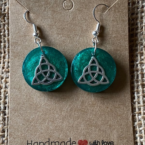 Handmade Pair Of Celtic Knot Drop Earrings In Silver and Emerald Green