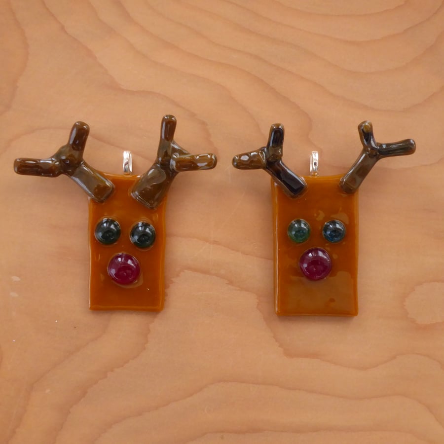 Reindeer Christmas decorations, fused glass, set of two