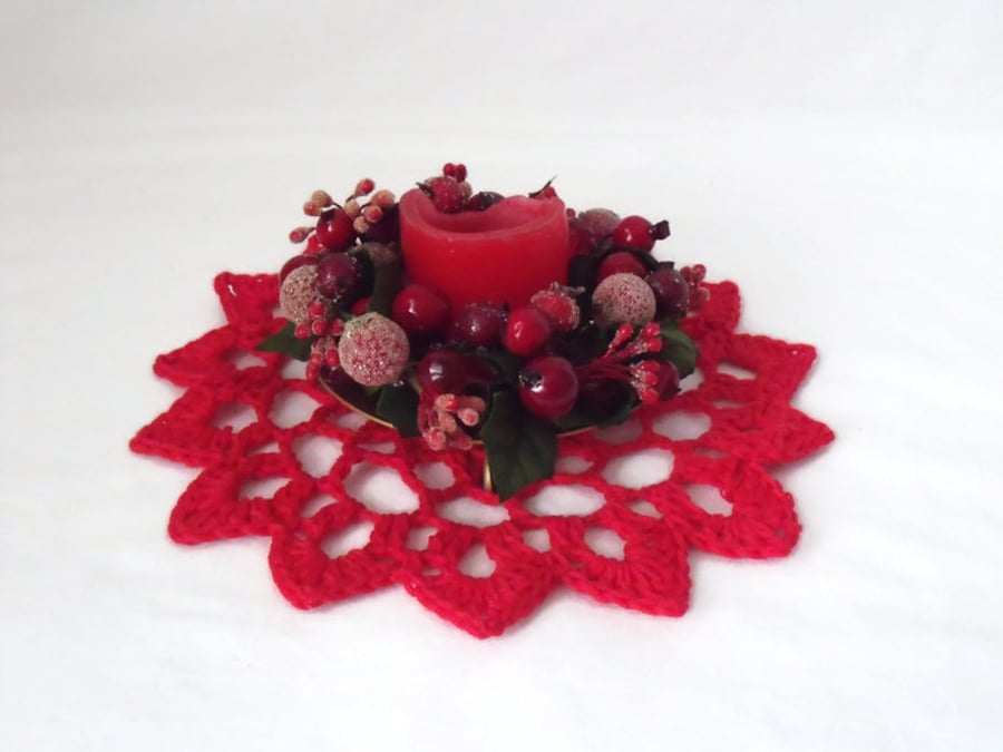 red crocheted christmas doily, cotton candle mat table decoration