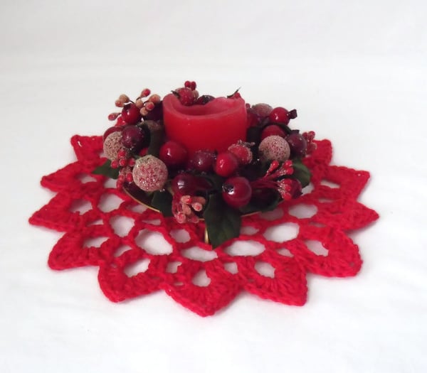 red crocheted christmas doily, cotton candle mat table decoration