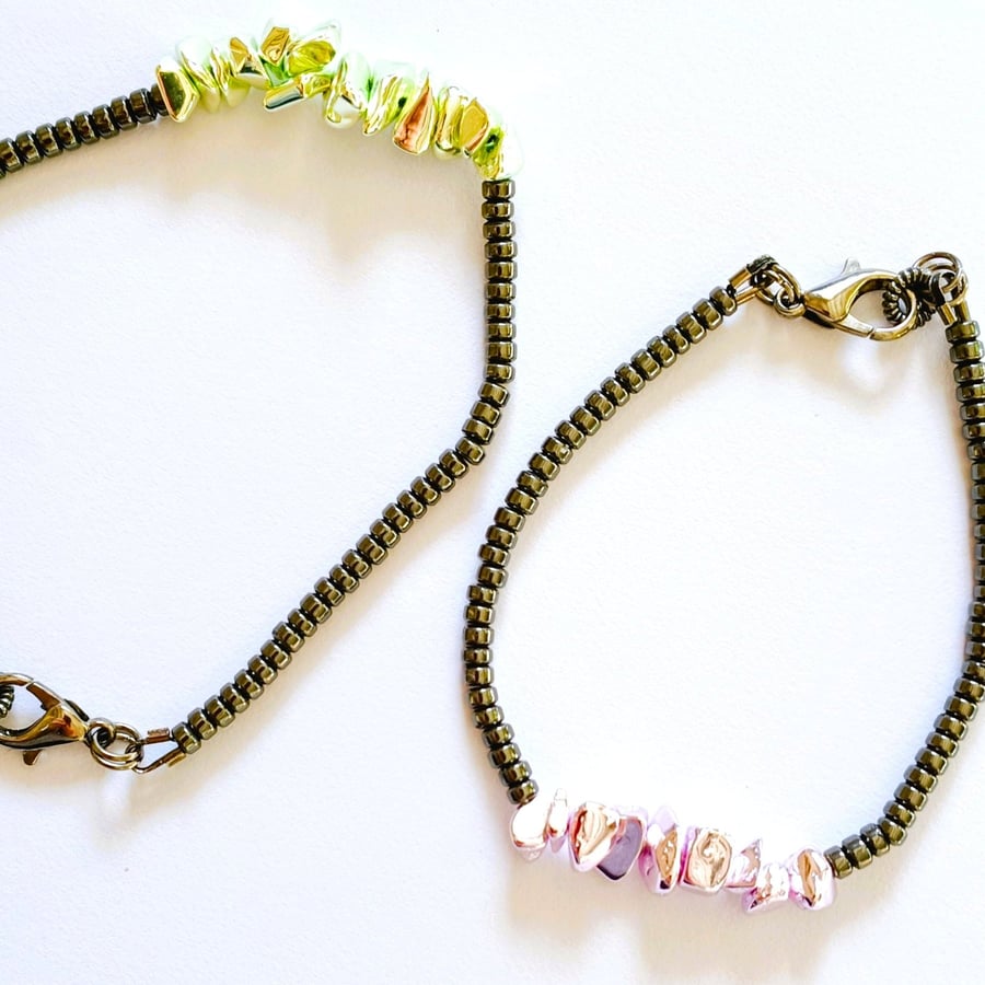 Multicolour Hematite Bracelet Black & Metallic Pastel Green or Lilac