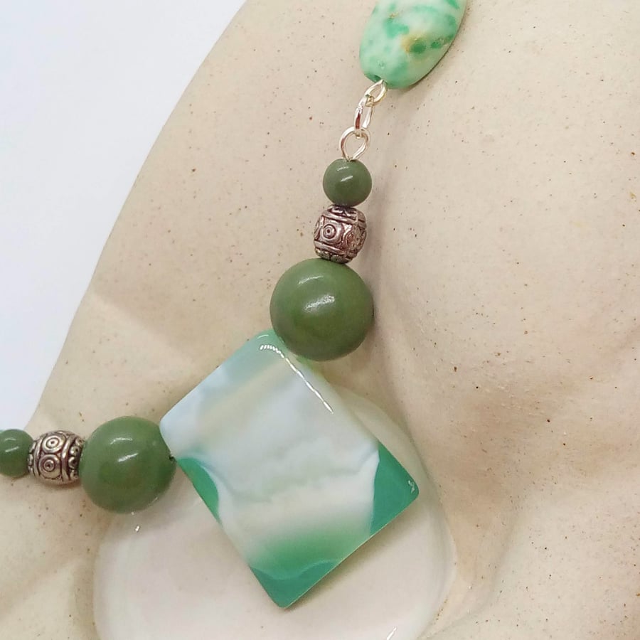 Green Glass Bead with Jade and Turquoise Beads on a Silver Chain Necklace