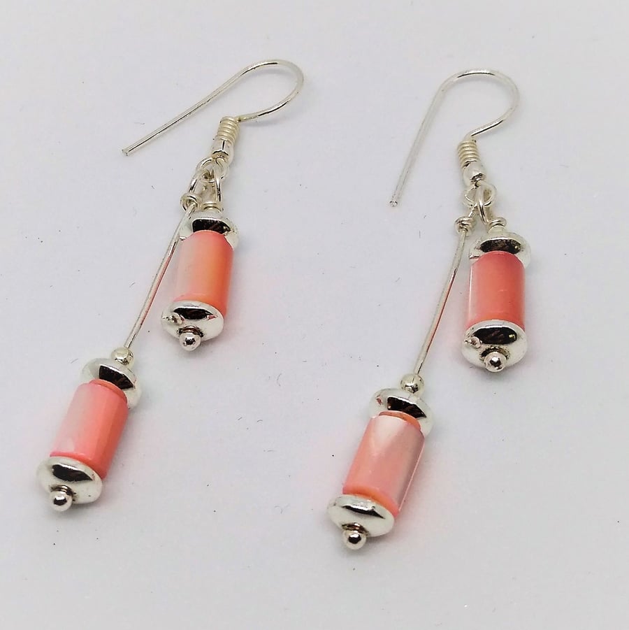 Pink Mother of Pearl Shell & Hematite Earrings, Pink Shell Tube Tassel Earrings