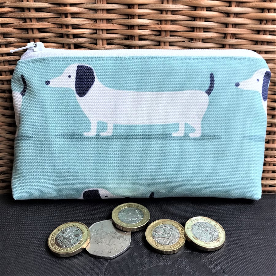 Dachshund coin purse, large purse in pale blue with white Dachshunds