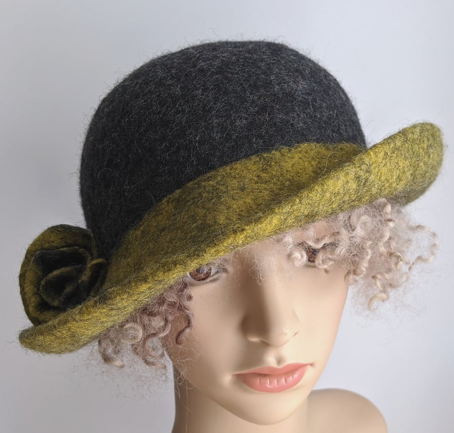 Tweedy grey and yellowy green felted wool hat - One of the 'Squashable' range
