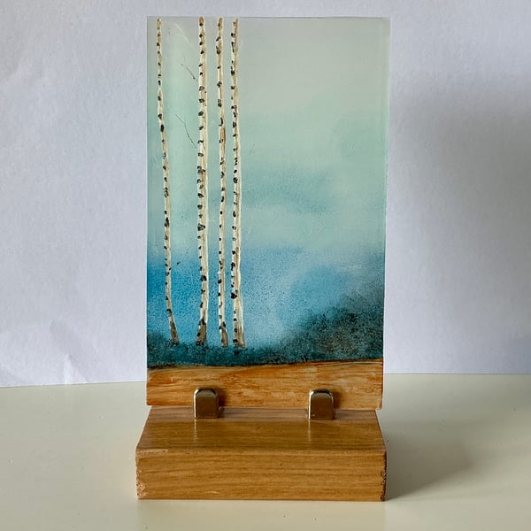 Hand painted enamel on glass landscape panel, birch trees