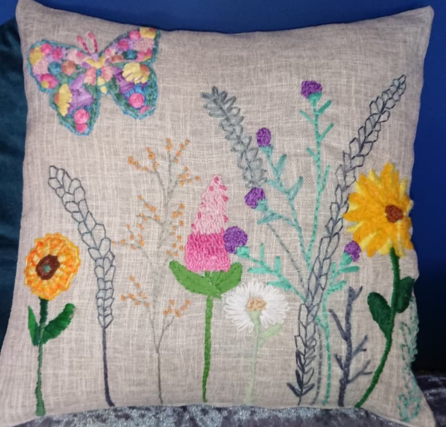 Hand embroidered and appliqued wild flowers Linen Cushion Cover, 43 by 43 cm 