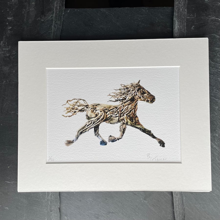Driftwood Horse-Giclee Print, Wall art. A5 matted