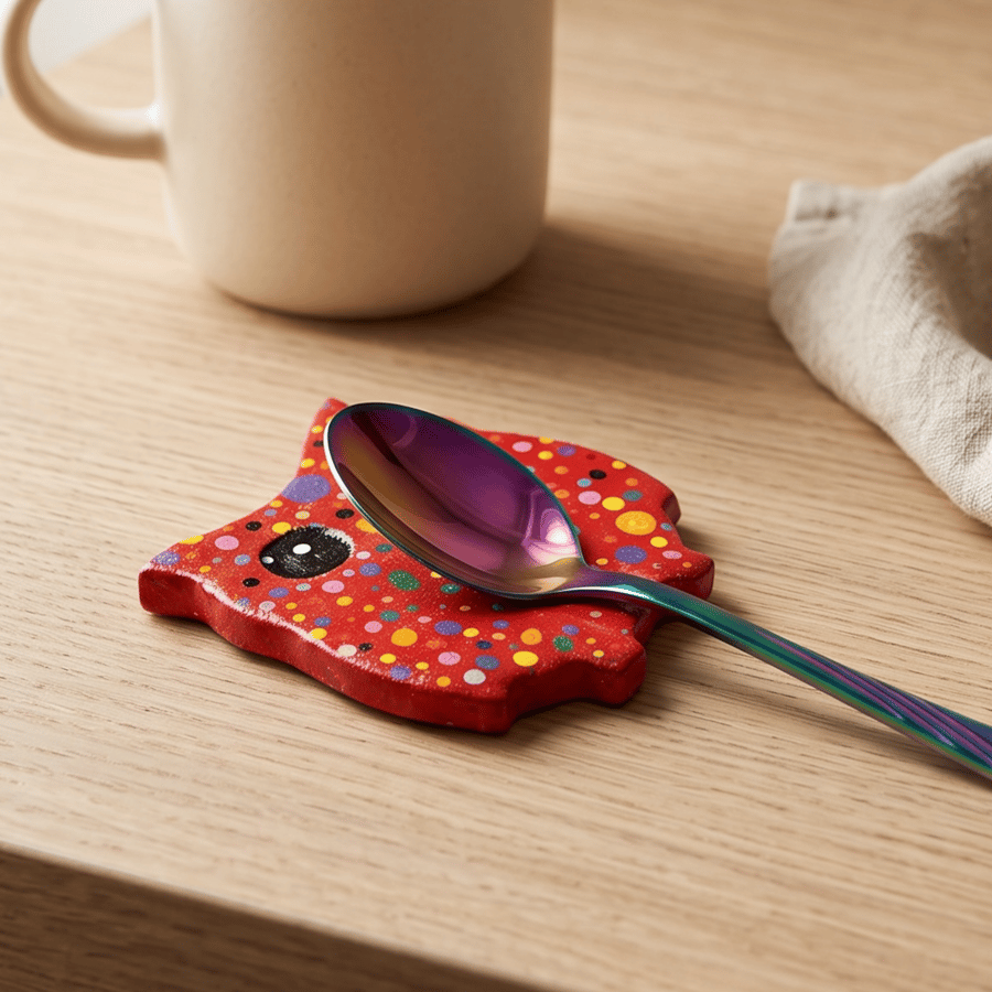 Red Owl Teaspoon Rest, Colourful Handmade Clay Spoon Holder