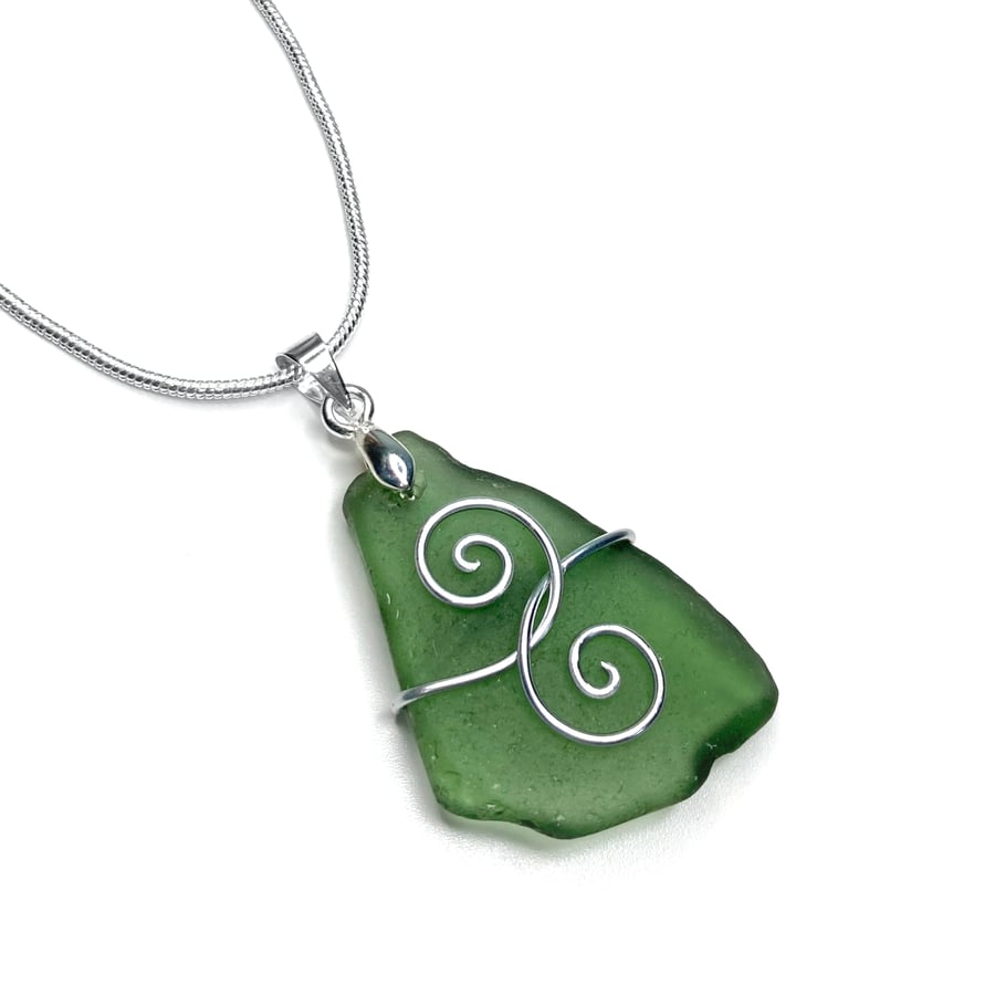 Sea Glass Pendant - Green Beach Glass, Silver Handmade Celtic Necklace Jewellery