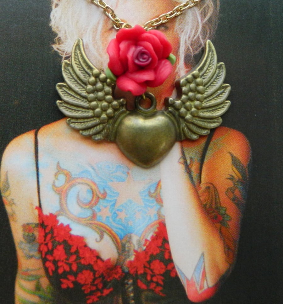 Winged heart and rose tattoo necklace ladies gift  with free shipping