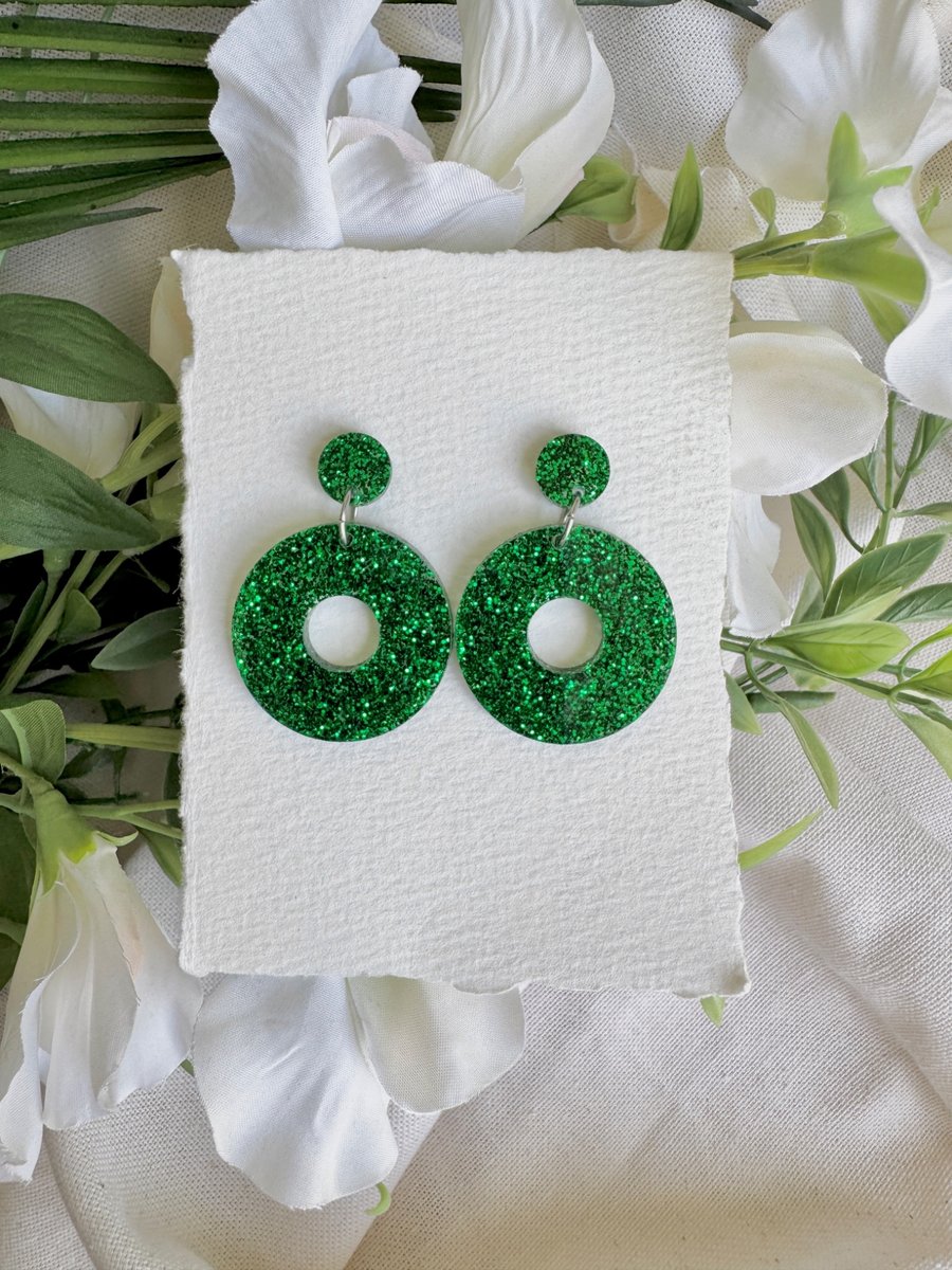 Green Glitter Hoop Earrings - Acrylic