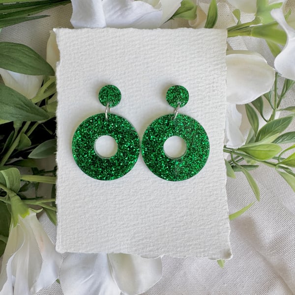 Green Glitter Hoop Earrings - Acrylic