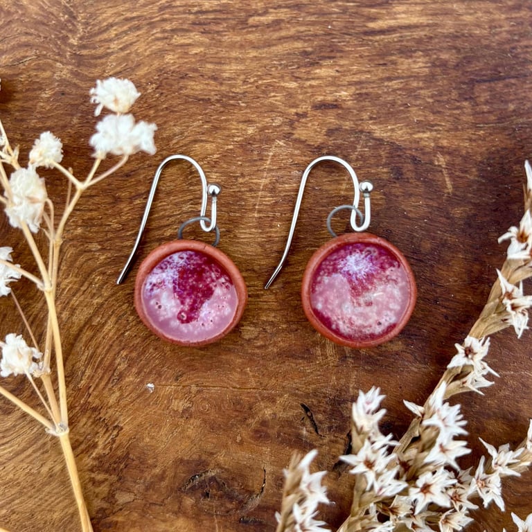 Handmade Ceramic Earrings: Pink Glaze, Dangle, Foraged Bristol Clay
