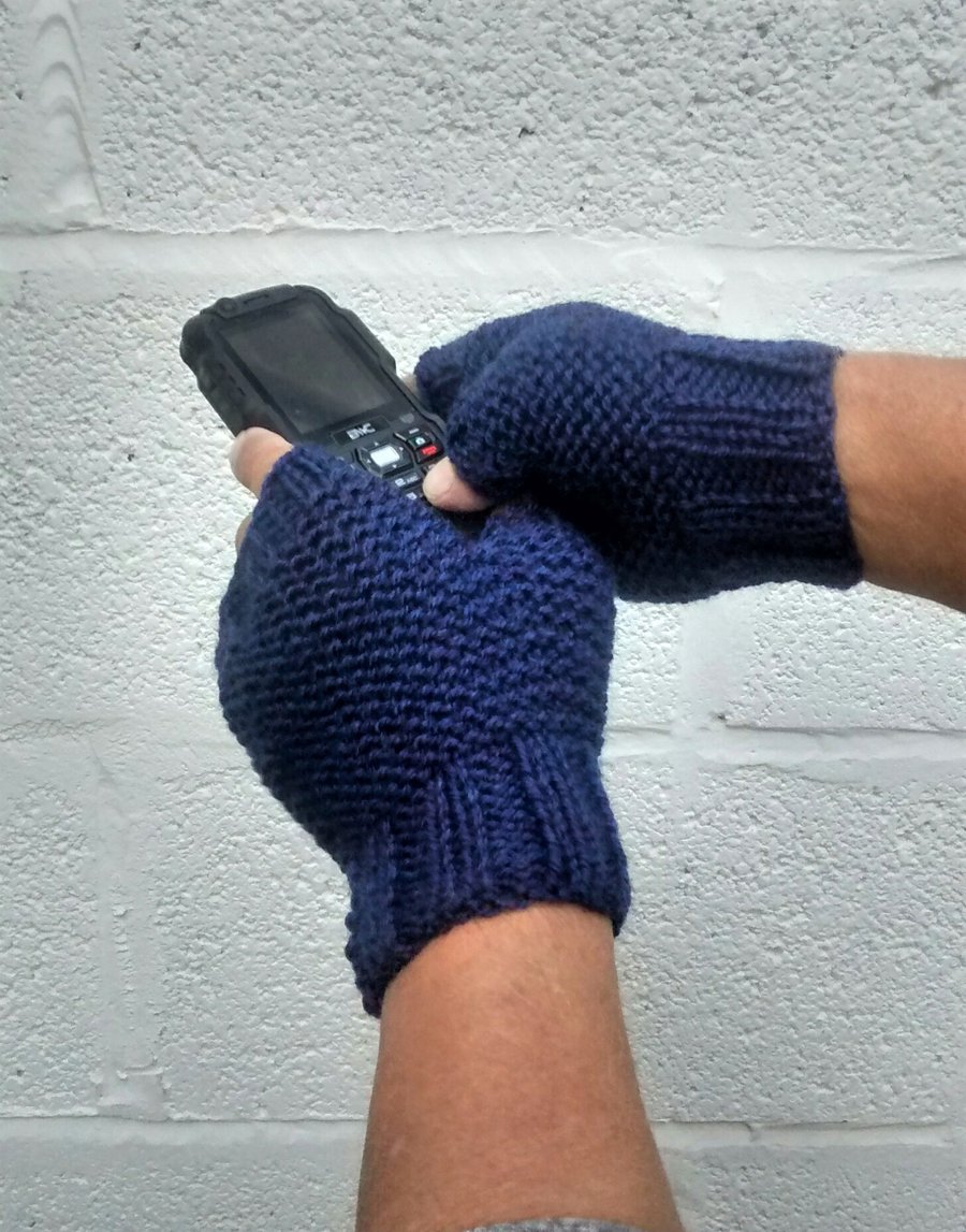 Men's Fingerless Gloves, Blue Aran Gloves