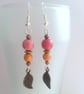 Pink Orange Bead Earrings - Bronze Leaf Boho Dangle Earrings - Image 2
