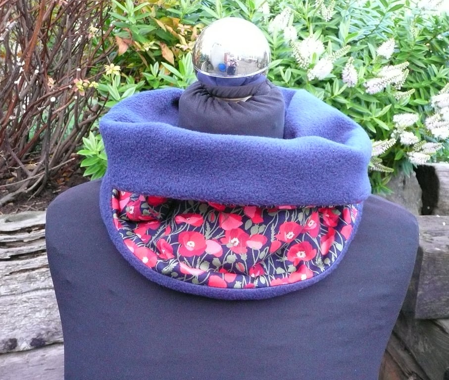 Poppy neck warmer, adult fleece scarf, poppy snood, blue and red neck warmer