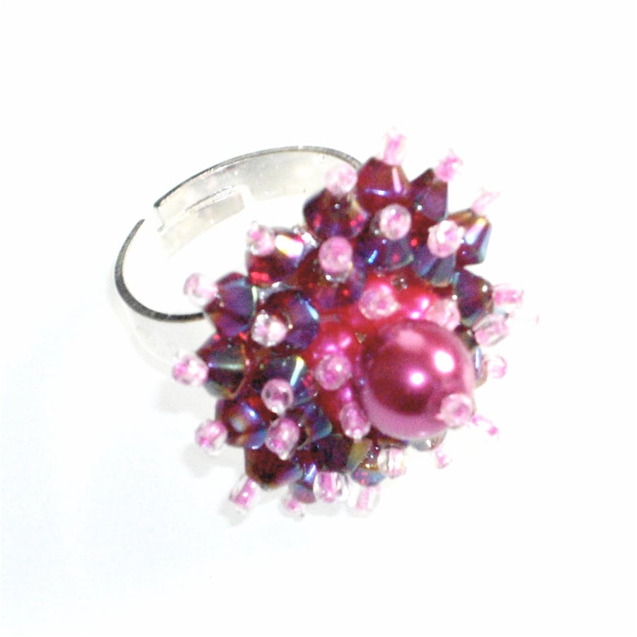 Hot Pink Pearl and Dark Fushia Crystal Bead Bling Ring