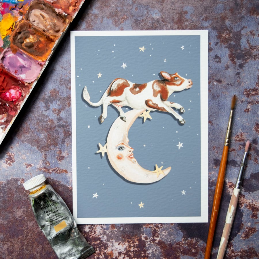 A6 mini art print of a cow that jumped over the moon. Luxury print, embellished