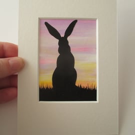 ACEO Rabbit Original Picture Painting Bunny Silhouette Mount Mounted