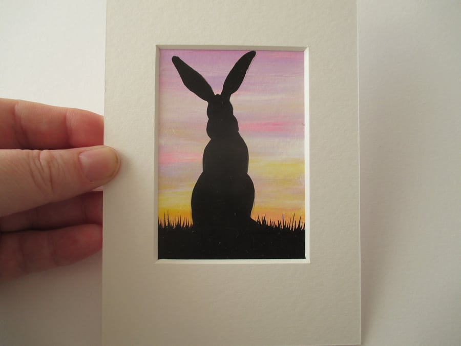 ACEO Rabbit Original Picture Painting Bunny Silhouette Mount Mounted