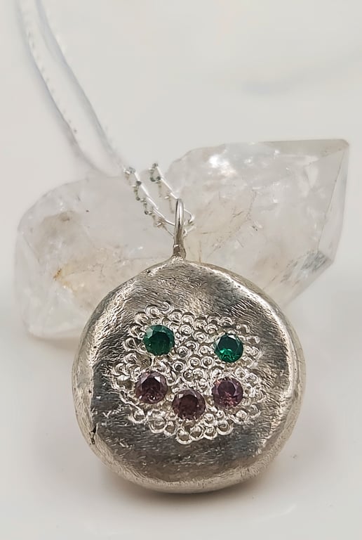 Molten Sterling Silver Face Pendant Necklace, Green & Pink Cubic Zirconia