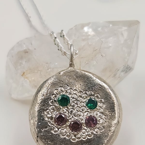 Molten Sterling Silver Face Pendant Necklace, Green & Pink Cubic Zirconia