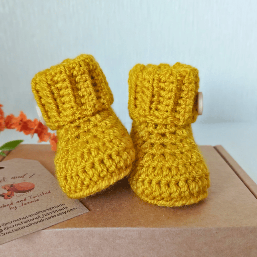Baby Crochet Booties In Mustard Sizes Newborn 0-3 And 3-6 Months