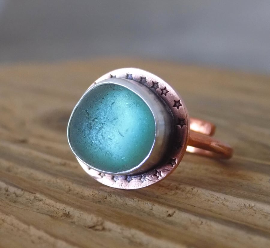 Copper and silver wraparound sea glass ring size UK O