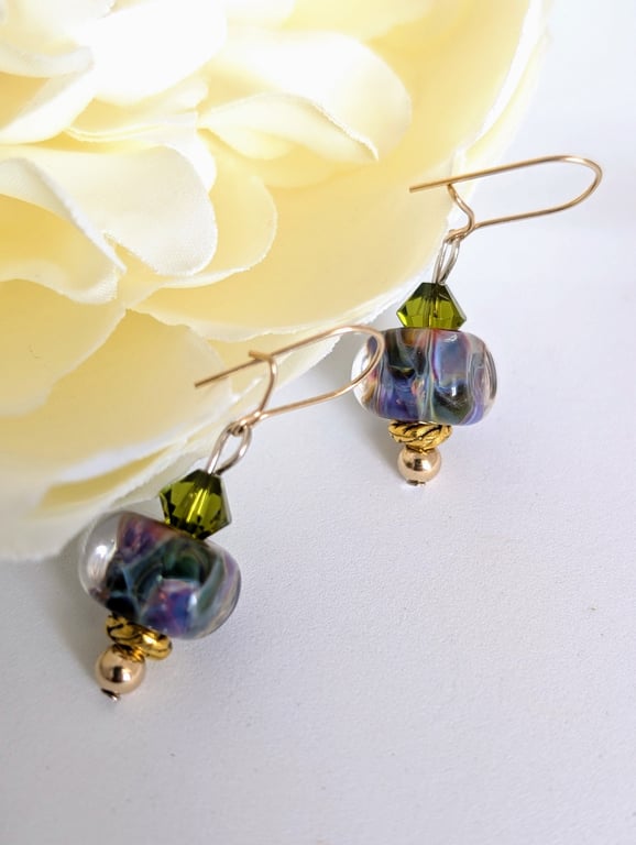 Lampwork Glass Bead Earrings: Soft Mauve and Green, Gold Filled Earwires