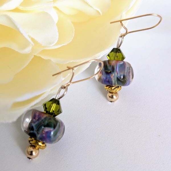 Lampwork Glass Bead Earrings: Soft Mauve and Green, Gold Filled Earwires