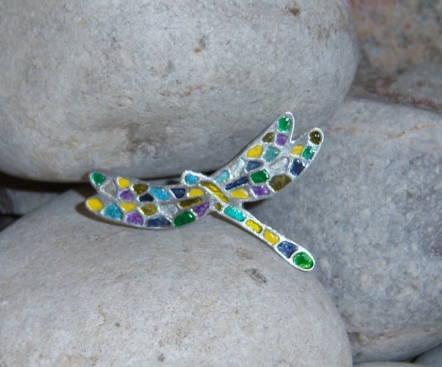 Dragonfly brooch in painted etched pewter